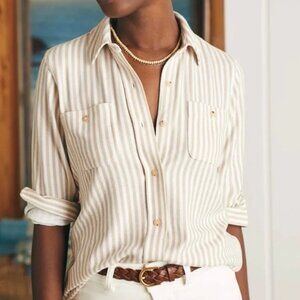 Faherty Legend Taupe and White Tannin Striped Button-Down Sweater Shirt Size M